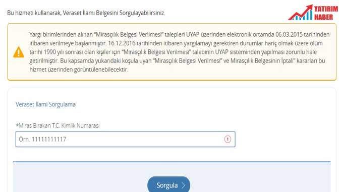 Veraset İlamı Sorgulama Ekranı